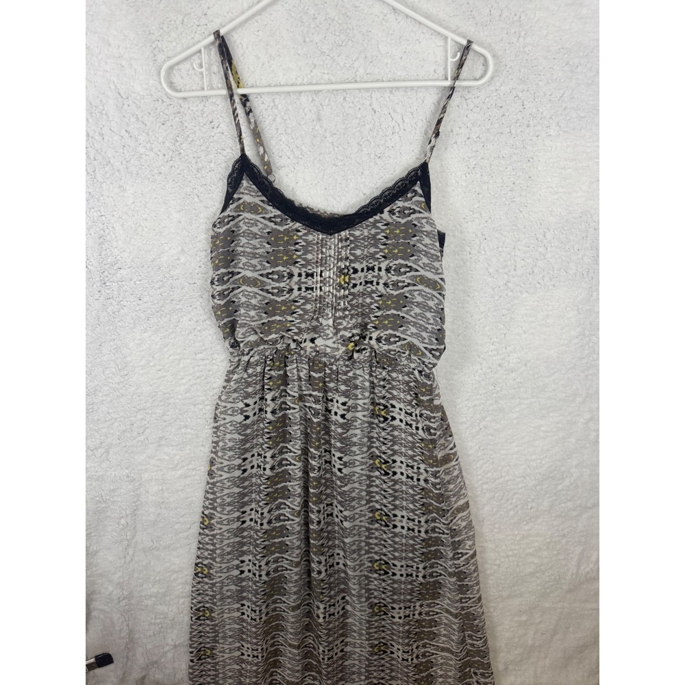 Bobeau XS Dress Sleeveless Gray Black Print Lace Trim Casual Sundress